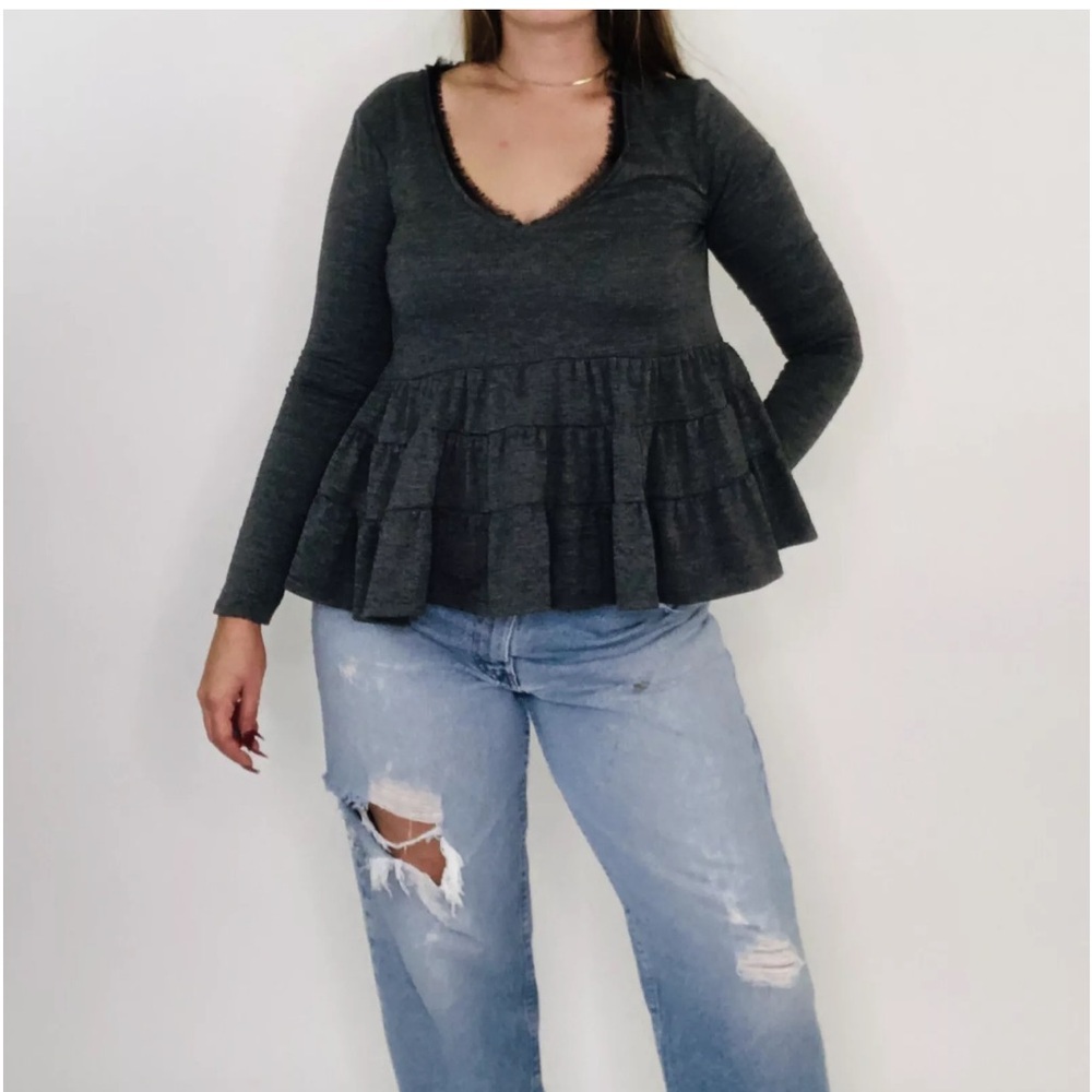 Anthropologie Deletta Thea peplum ruffle long sleeve gray blouse size XS